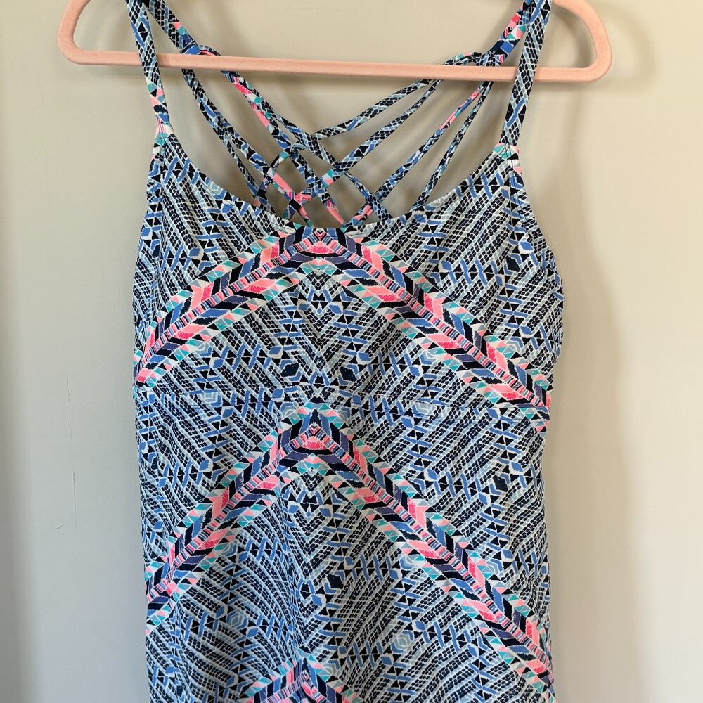 Island Escape Strappy Back Tankini Swim Top Blue Geometric Womens Plus 20W